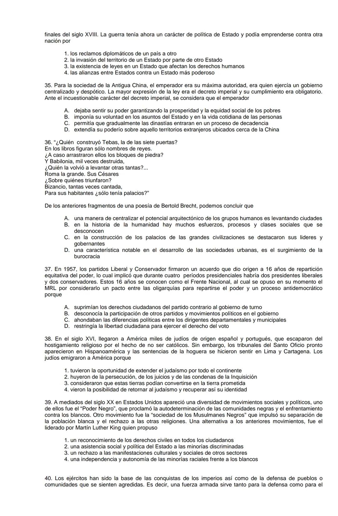 Examen de Estado,
ICFES
Banco de preguntas de historia
Los grupos de preguntas que se incluyen en las pruebas de historia son los
siguientes