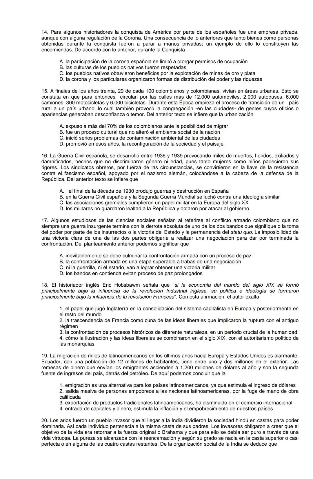 Examen de Estado,
ICFES
Banco de preguntas de historia
Los grupos de preguntas que se incluyen en las pruebas de historia son los
siguientes
