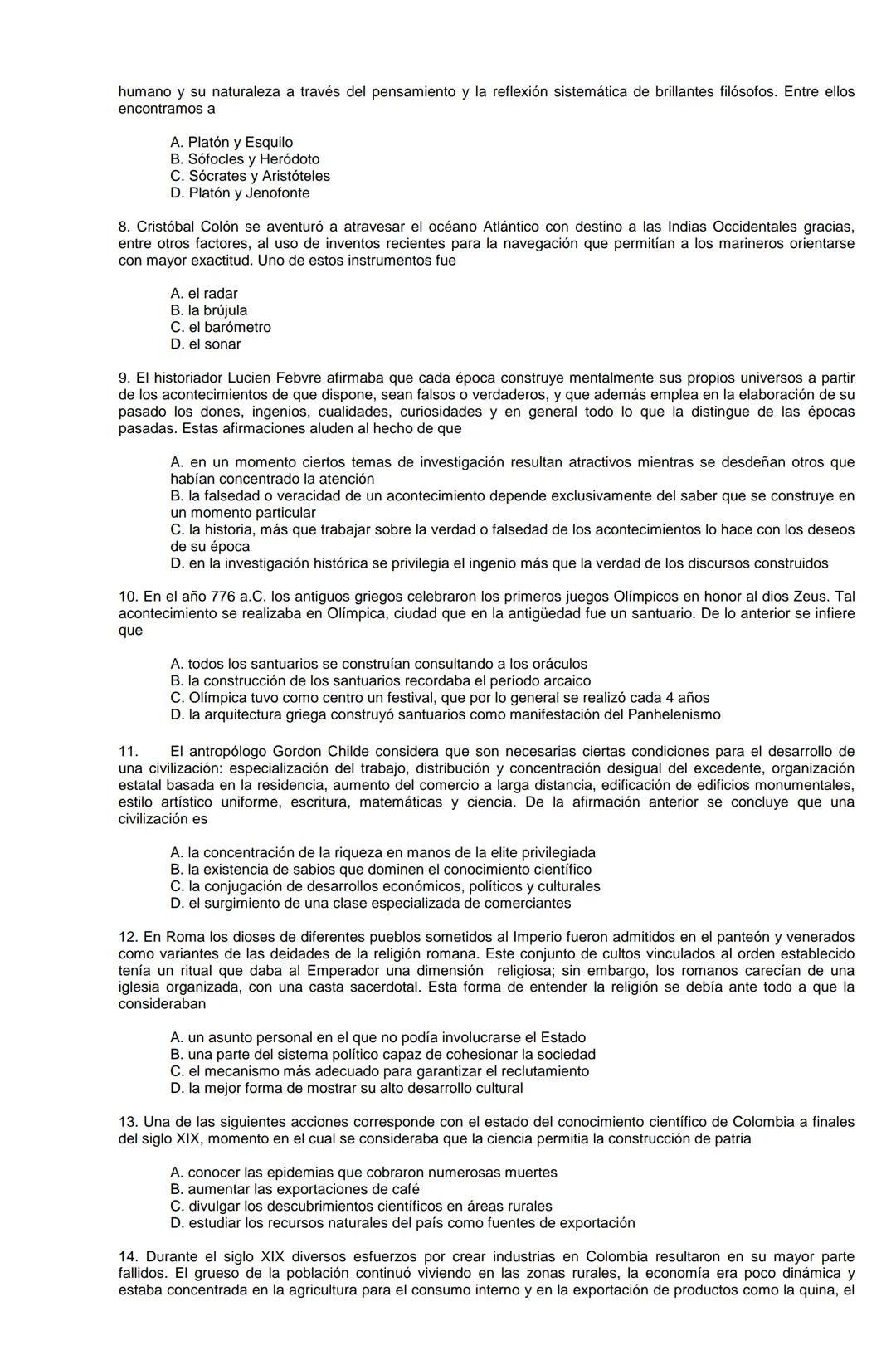 Examen de Estado,
ICFES
Banco de preguntas de historia
Los grupos de preguntas que se incluyen en las pruebas de historia son los
siguientes