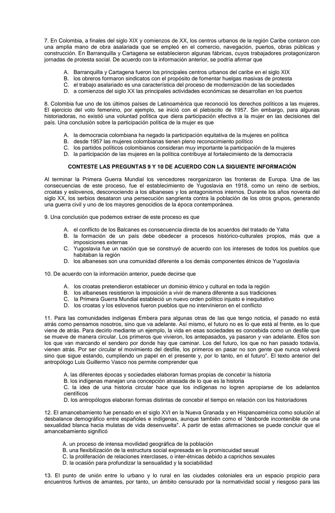 Examen de Estado,
ICFES
Banco de preguntas de historia
Los grupos de preguntas que se incluyen en las pruebas de historia son los
siguientes