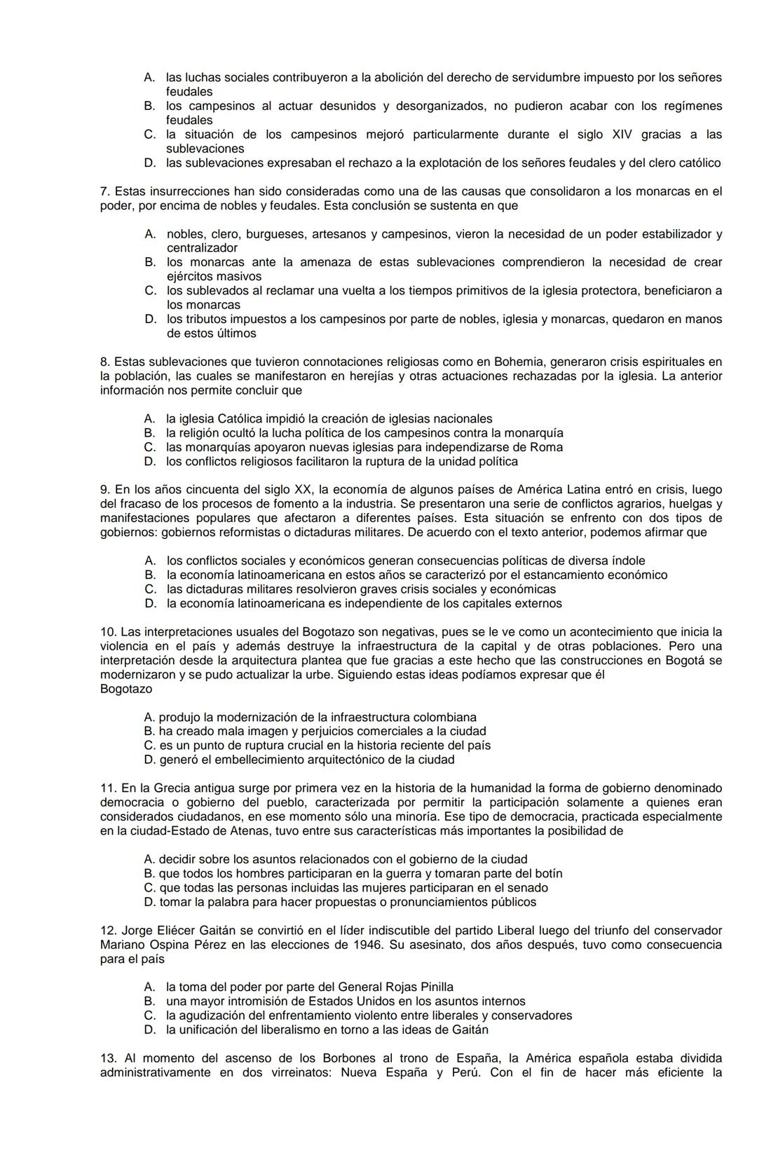 Examen de Estado,
ICFES
Banco de preguntas de historia
Los grupos de preguntas que se incluyen en las pruebas de historia son los
siguientes