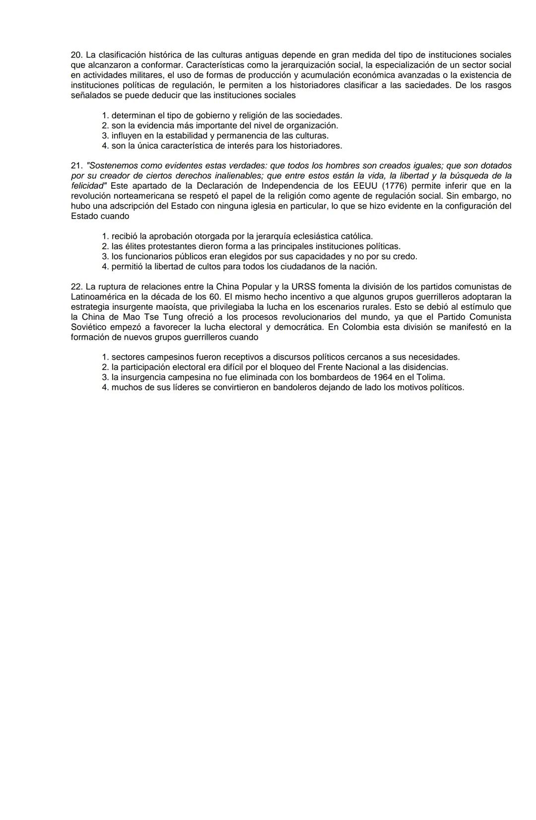 Examen de Estado,
ICFES
Banco de preguntas de historia
Los grupos de preguntas que se incluyen en las pruebas de historia son los
siguientes