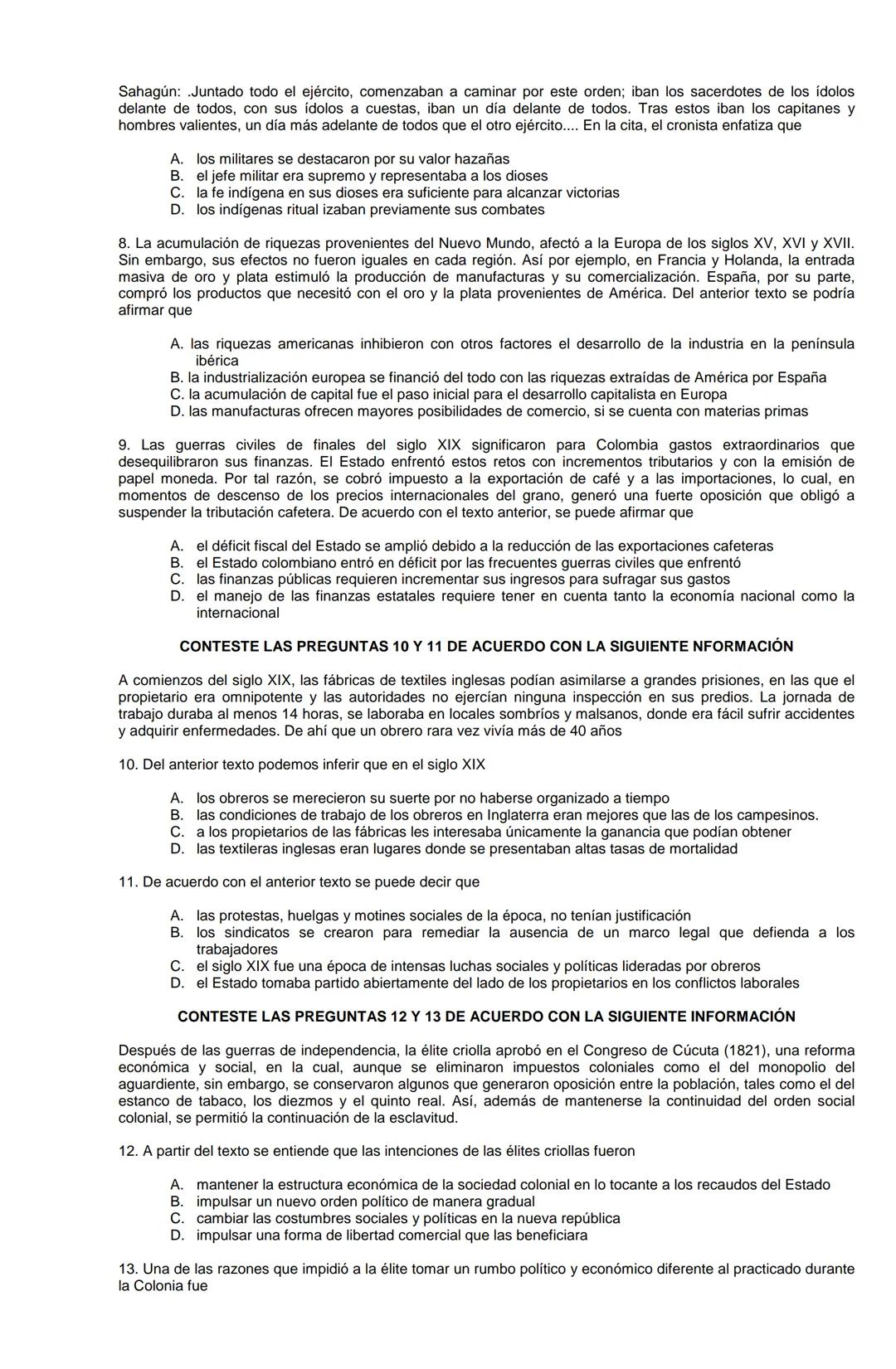 Examen de Estado,
ICFES
Banco de preguntas de historia
Los grupos de preguntas que se incluyen en las pruebas de historia son los
siguientes