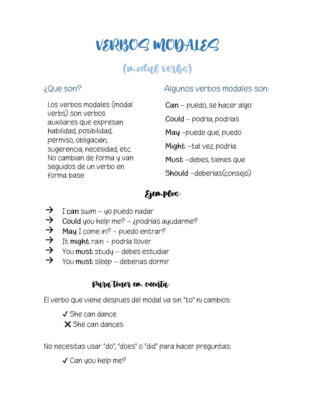 ## VERBOS MODALES
(modal verbs)
¿Que son?
Los verbos modales (modal verbs) son verbos auxiliares que expresan habilidad, posibilidad, perm