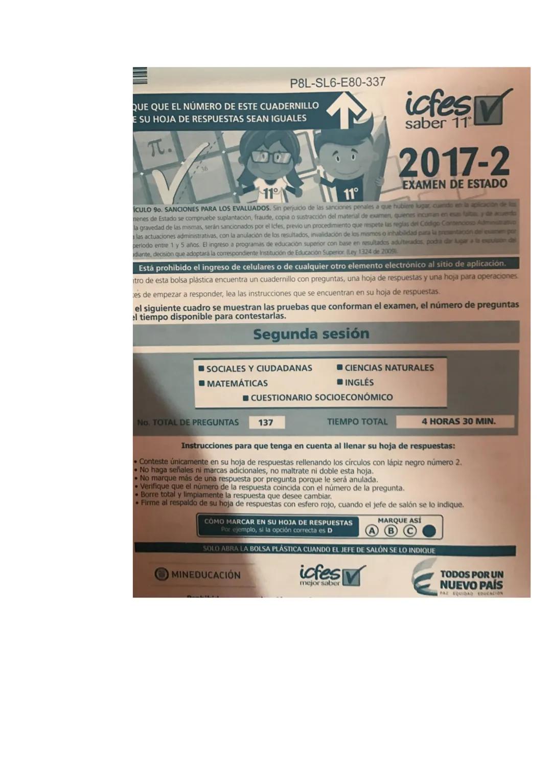 P8L-SL6-E80-337
QUE QUE EL NÚMERO DE ESTE CUADERNILLO
E SU HOJA DE RESPUESTAS SEAN IGUALES
π.
11°
11°
icfes
saber 11
2017-2
EXAMEN DE ESTADO