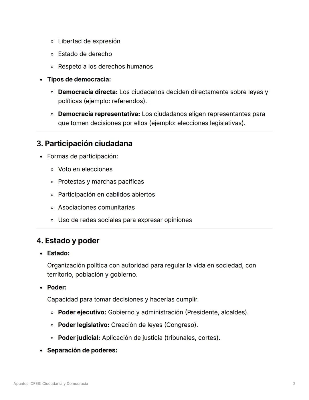 Apuntes ICFES: Ciudadanía y
Democracia
1. Ciudadanía
Definición:
Es la condición y el conjunto de derechos y deberes que tienen las personas