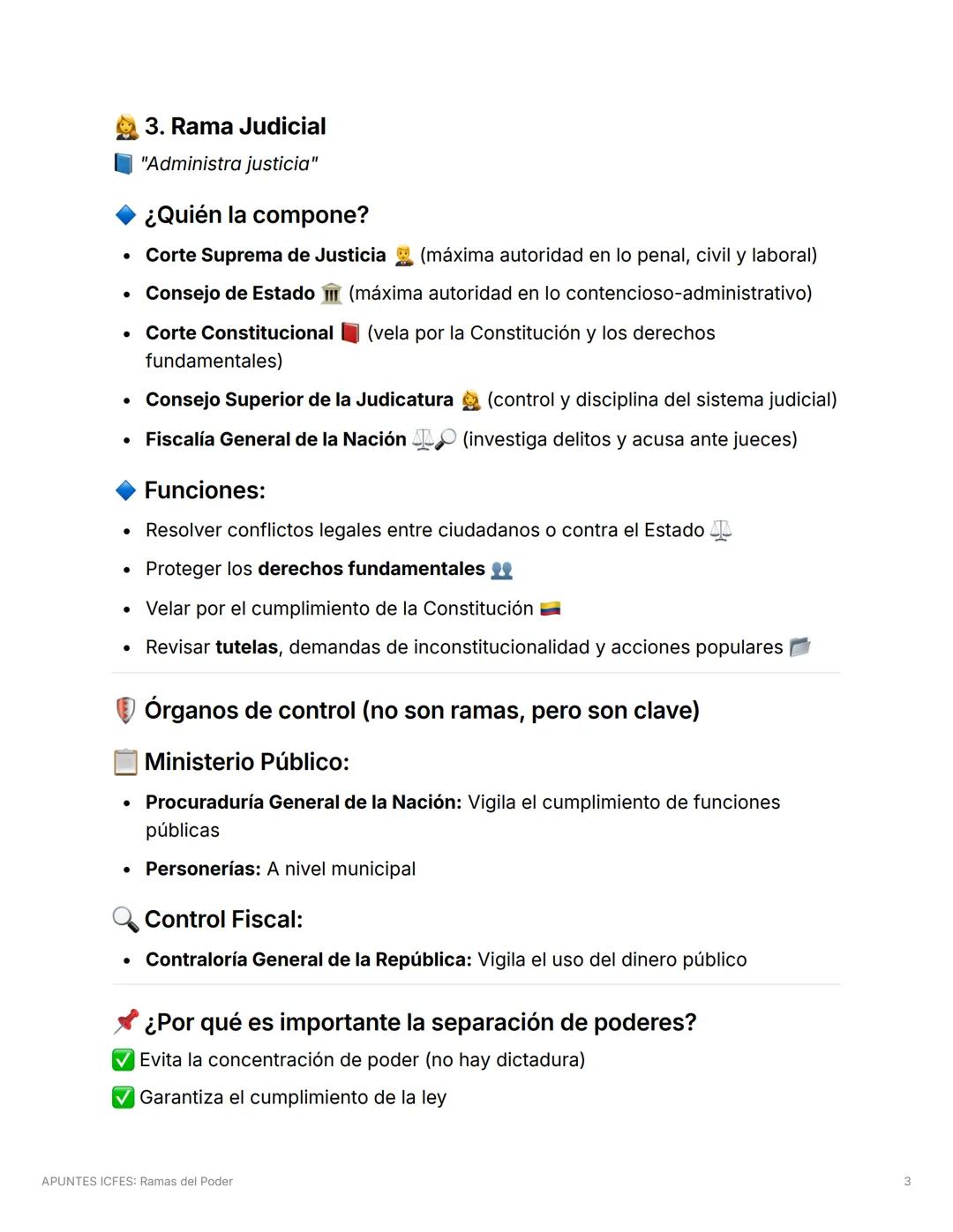 APUNTES ICFES: Ramas del
Poder
Ramas del Poder Público en Colombia
(Art. 113 de la Constitución Política de 1991)
En Colombia el poder está