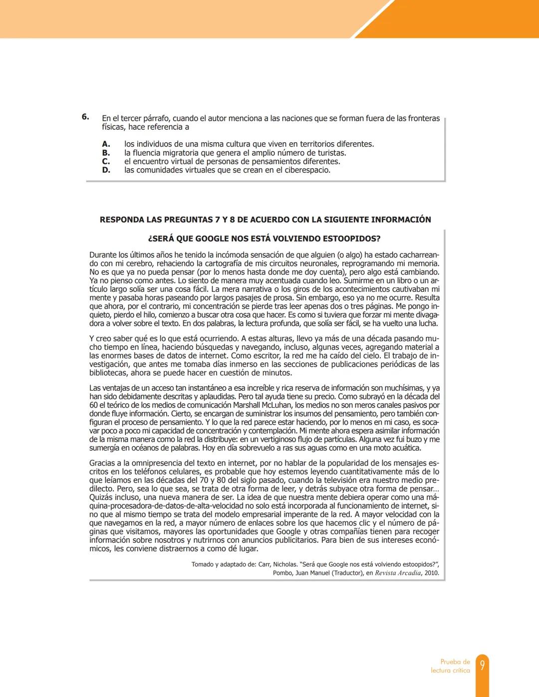 Cuadernillo de preguntas
Saber 11.°
Prueba de lectura crítica
icfes
saber 11.°
GOBIERNO
DE COLOMBIA
MINEDUCACIÓN icfes
mejor saber President