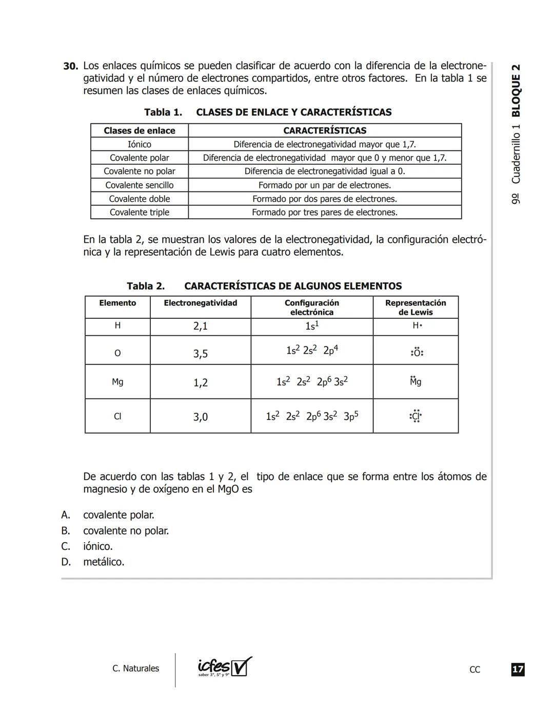 icfes V
saber 3º, 5º y 9°
CUADERNILLO
DE PREGUNTAS
SABER 3º, 5º y 9° 2012
Cuadernillo de prueba
Ciencias naturales
9° grado Presidente de la