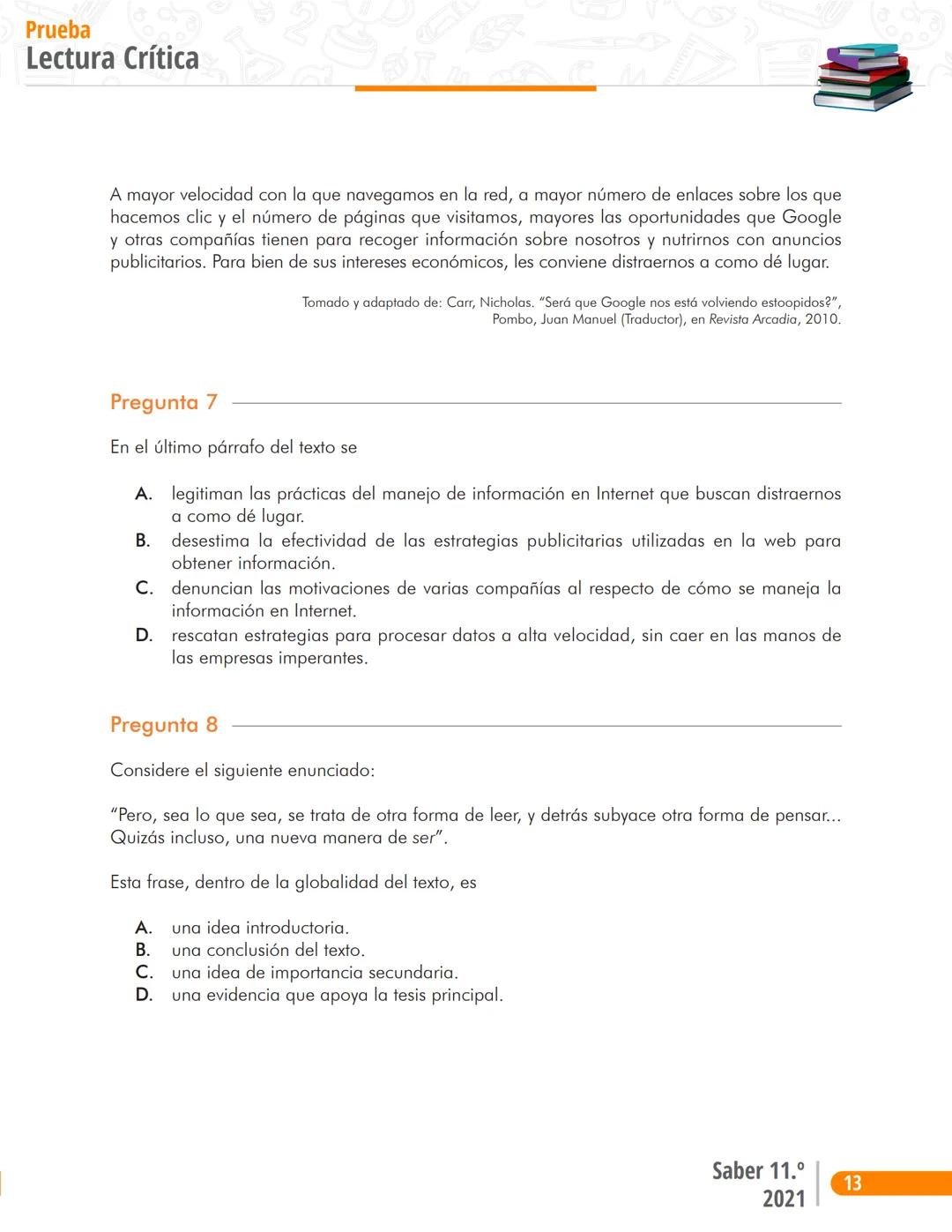 Pruebas Saber 11°
る
2
M
1D
2
1
Prueba P
Lectura Crítica
Cuadernillo de preguntas
Saber 11.°
2
Icfes ## Presidente de la República
Iván Duqu