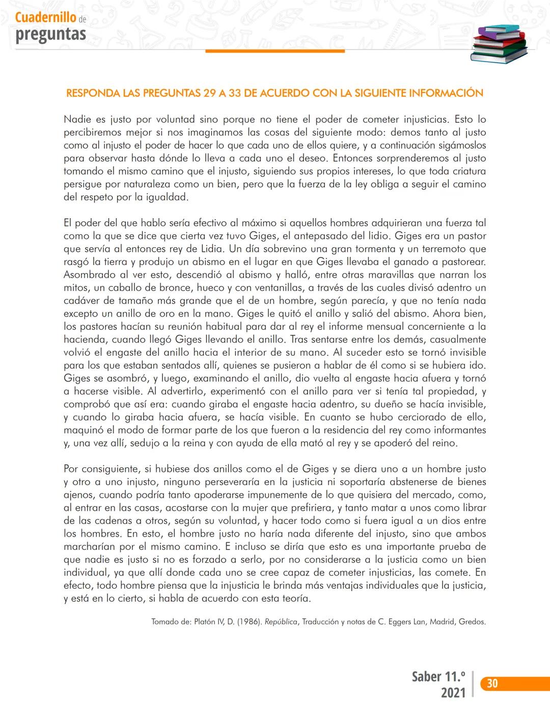 Pruebas Saber 11°
る
2
M
1D
2
1
Prueba P
Lectura Crítica
Cuadernillo de preguntas
Saber 11.°
2
Icfes ## Presidente de la República
Iván Duqu
