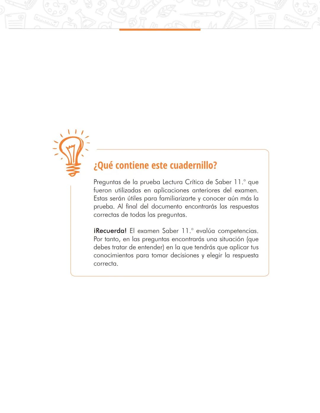 Pruebas Saber 11°
る
2
M
1D
2
1
Prueba P
Lectura Crítica
Cuadernillo de preguntas
Saber 11.°
2
Icfes ## Presidente de la República
Iván Duqu