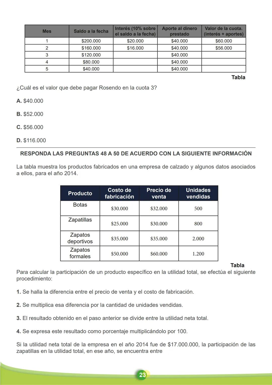 MATEMÁTICAS
26. En la tabla se registran los materiales necesarios para la construcción de un muro, y en la
gráfica el costo total acumulado