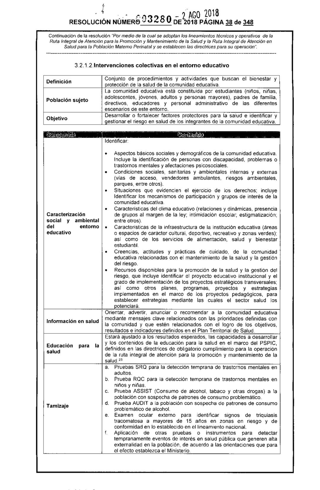 REPÚBLICA DE COLOMBIA
MINISTERIO DE SALUD Y PROTECCIÓN SOCIAL
RESOLUCIÓN NÚMER603280 DE 2018
2 AGO 2018
Por medio de la cual se adoptan los