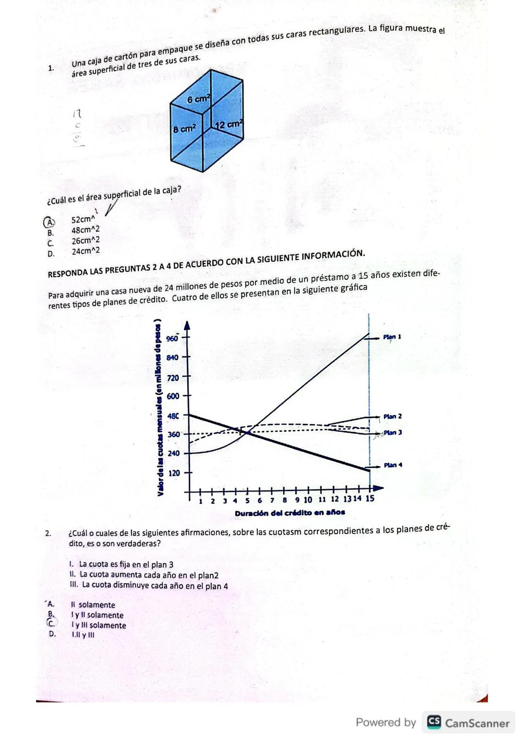 1.
Una caja de cartón para empaque se diseña con todas sus caras rectangulares. La figura muestra el
área superficial de tres de sus caras.