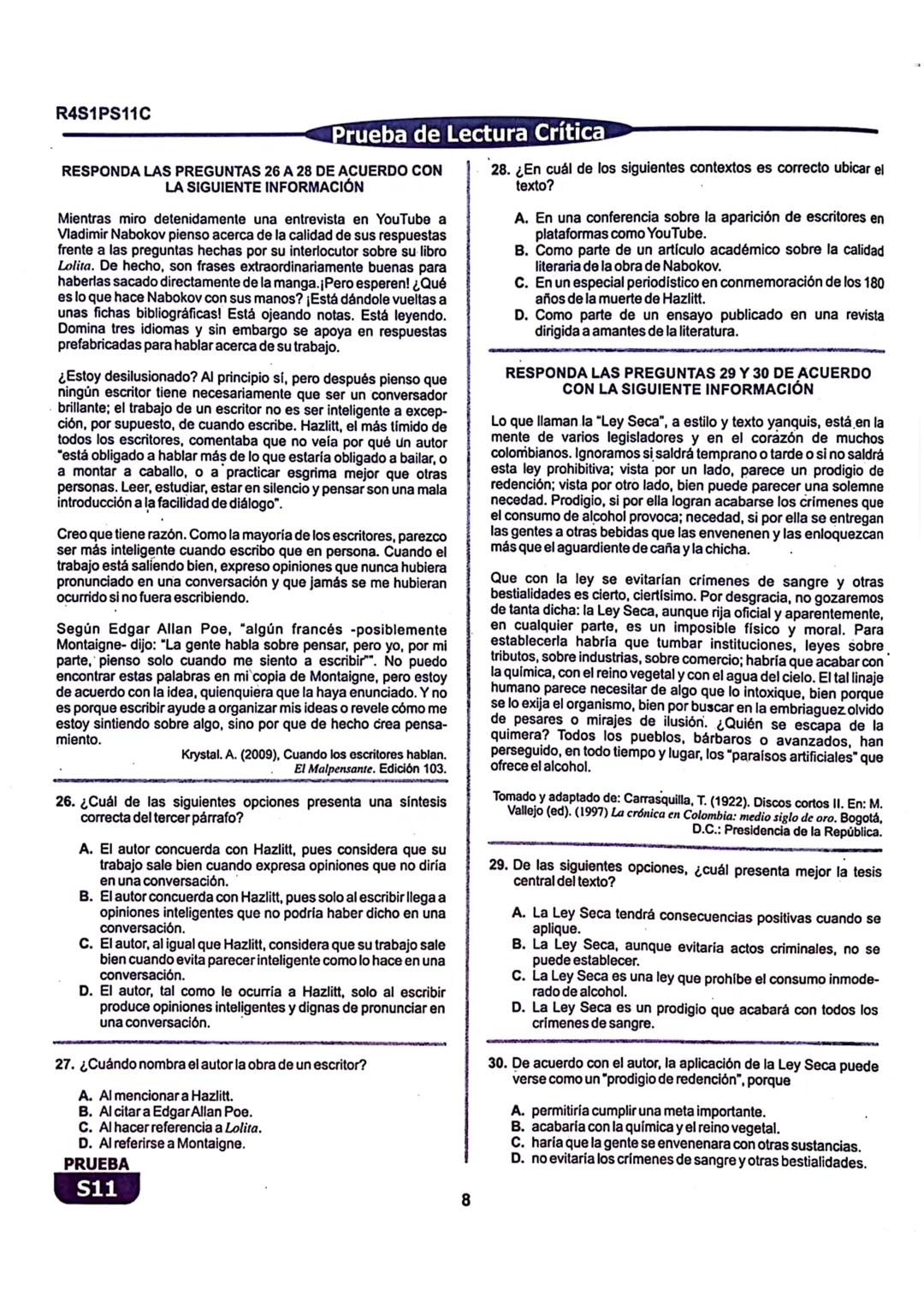 La
Evaluación
S11
Evaluación por Desempeño en Competencias
Primera sesión
En el siguiente cuadro se muestran las pruebas que conforman el ex