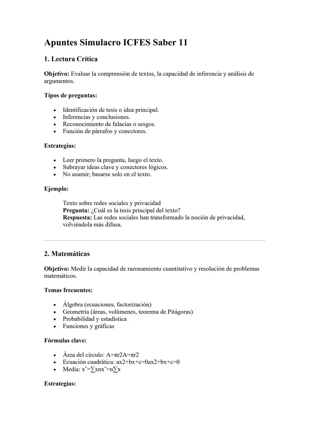 Apuntes Simulacro ICFES Saber 11
1. Lectura Crítica
Objetivo: Evaluar la comprensión de textos, la capacidad de inferencia y análisis de
arg
