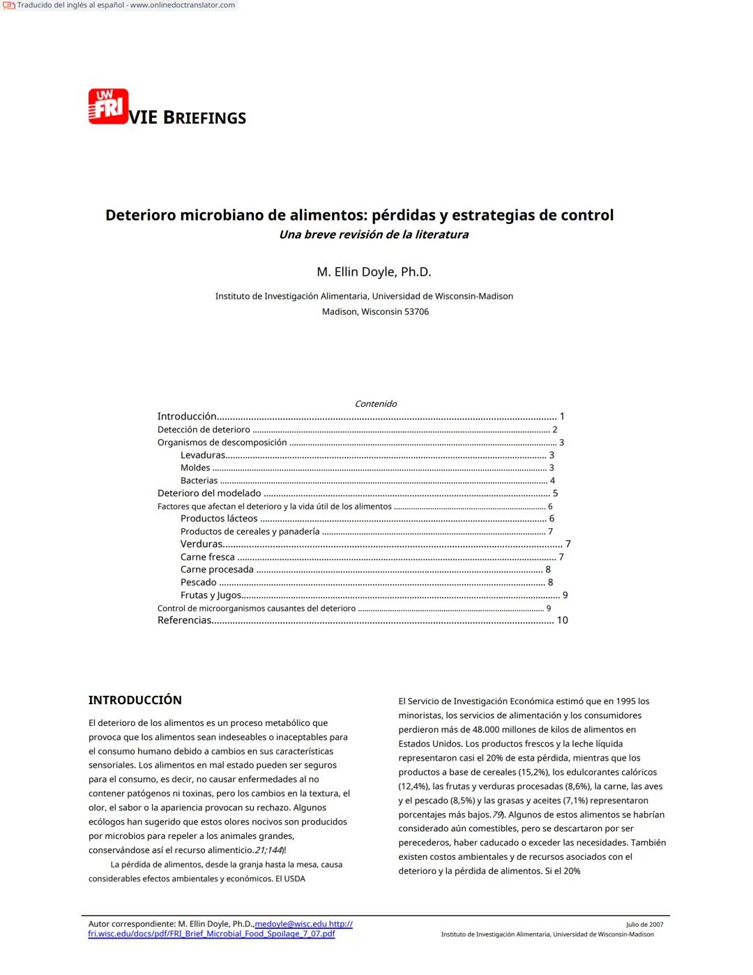 Traducido del inglés al español-www.onlinedoctranslator.com
UW
F
RIE BRIEFINGS
Deterioro microbiano de alimentos: pérdidas y estrategias de