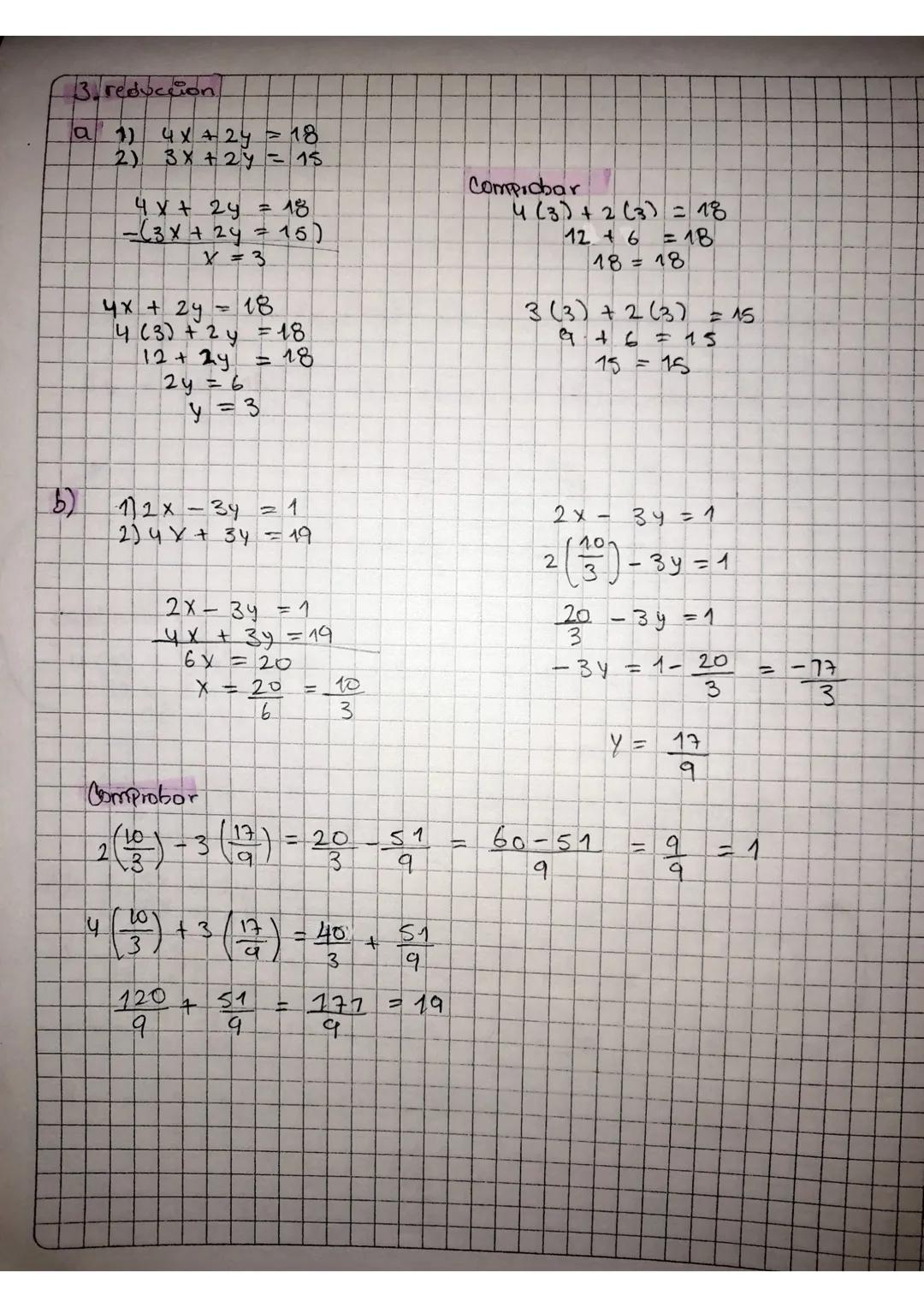 # Taller
## 1. Sustitución
### a)
1. $2x + y = 16$
2. $3x - 2y = 3$
$y = 16 - 2x$
$3x - 2(16 - 2x) = 3$
$3x - 32 + 4x = 3$
$7x = 35$
$x