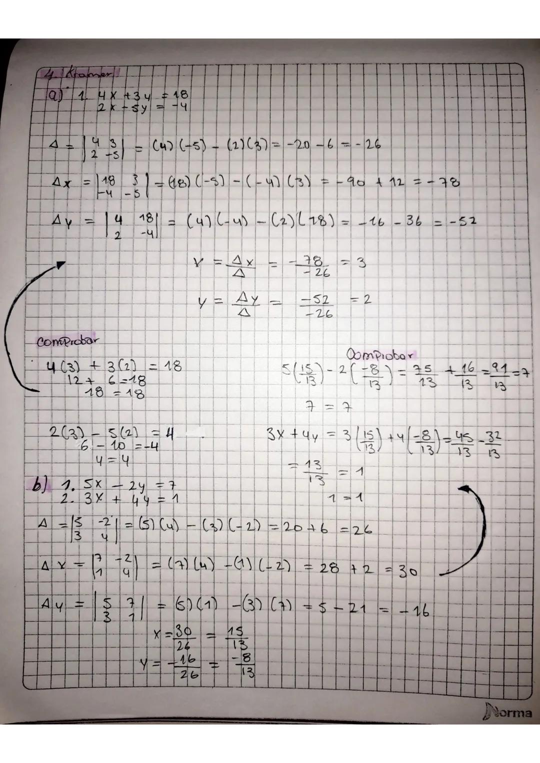 # Taller
## 1. Sustitución
### a)
1. $2x + y = 16$
2. $3x - 2y = 3$
$y = 16 - 2x$
$3x - 2(16 - 2x) = 3$
$3x - 32 + 4x = 3$
$7x = 35$
$x