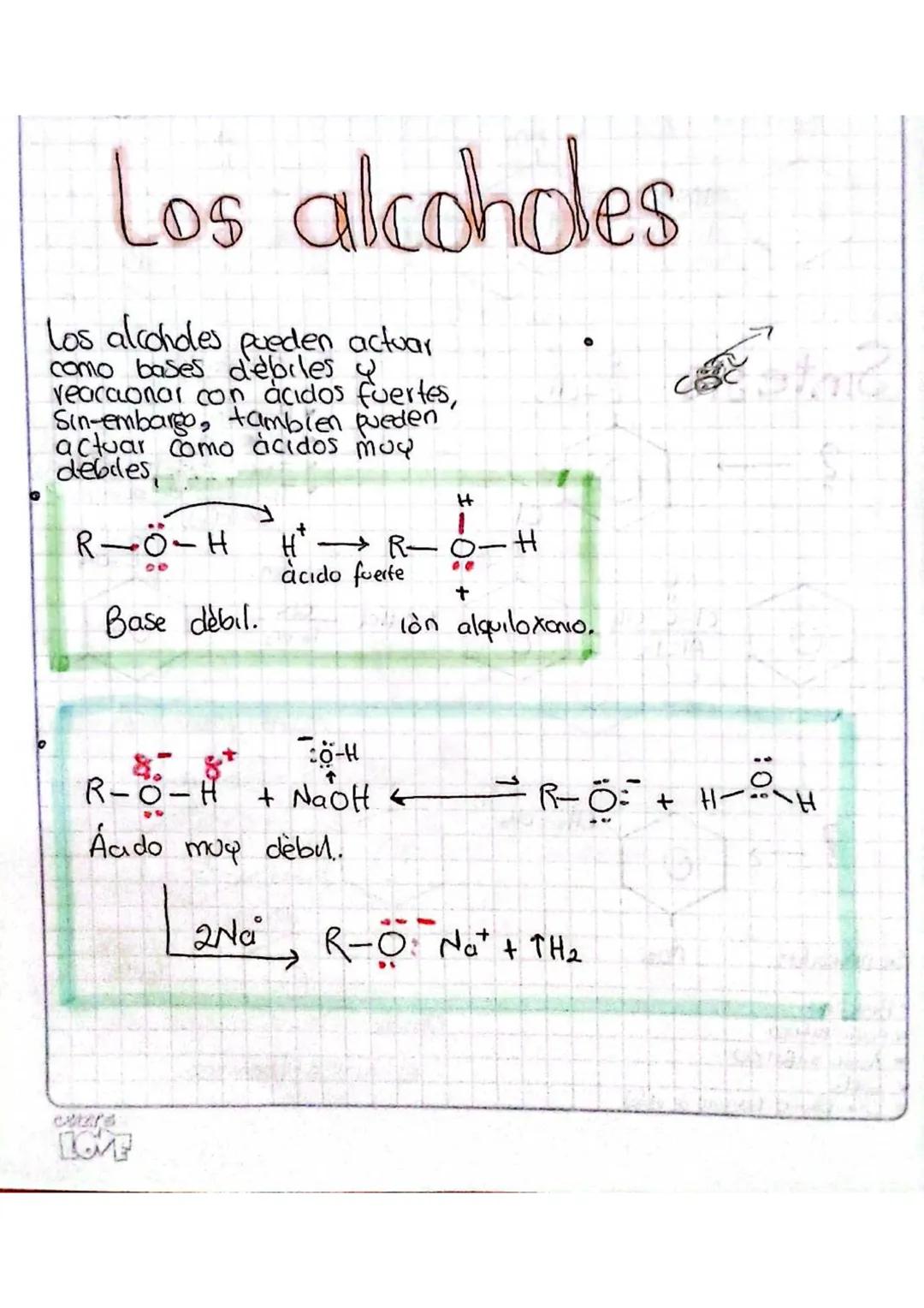 # Los alcoholes
Los alcoholes pueden actuar como bases débiles y reaccionar con ácidos fuertes, Sin embargo, también pueden actuar como áci
