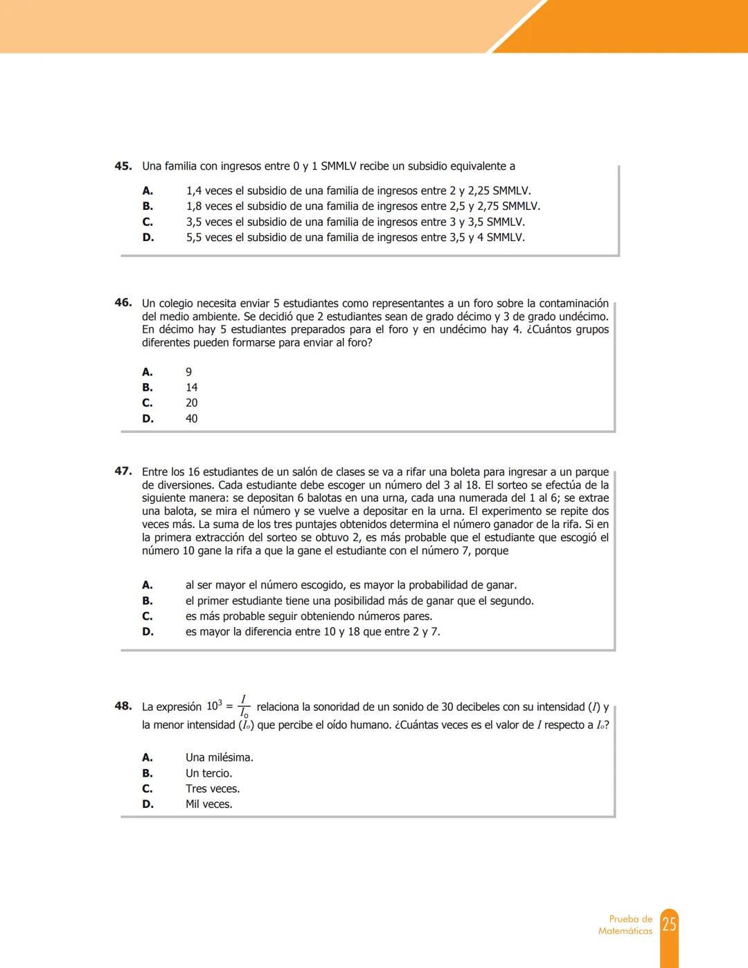 Cuadernillo de preguntas
Saber 11.°
Prueba de Matemáticas
MINEDUCACIÓN
icfes
mejor saber
TODOS POR UN
NUEVO PAÍS
PAZ EQUIDAD EDUCACION
icfes