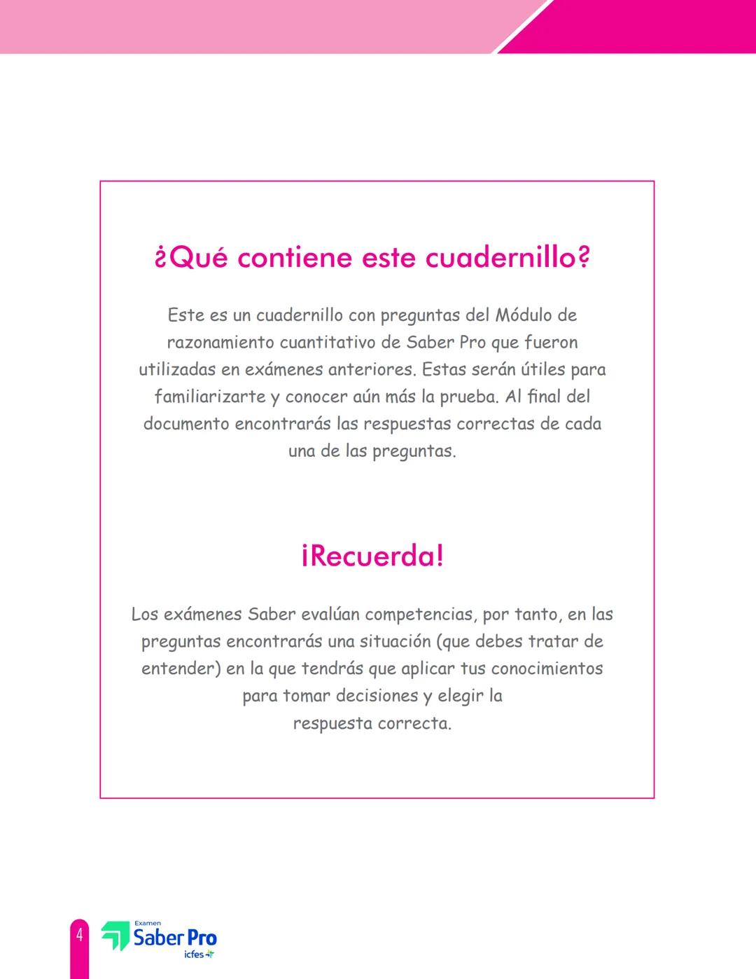 Cuadernillo de preguntas
Módulo de razonamiento cuantitativo
Saber Pro
x=0 xn
5.425
-4-285
Examen
Saber Pro
icfes
1+x+y+2at
1665-565
+45.565