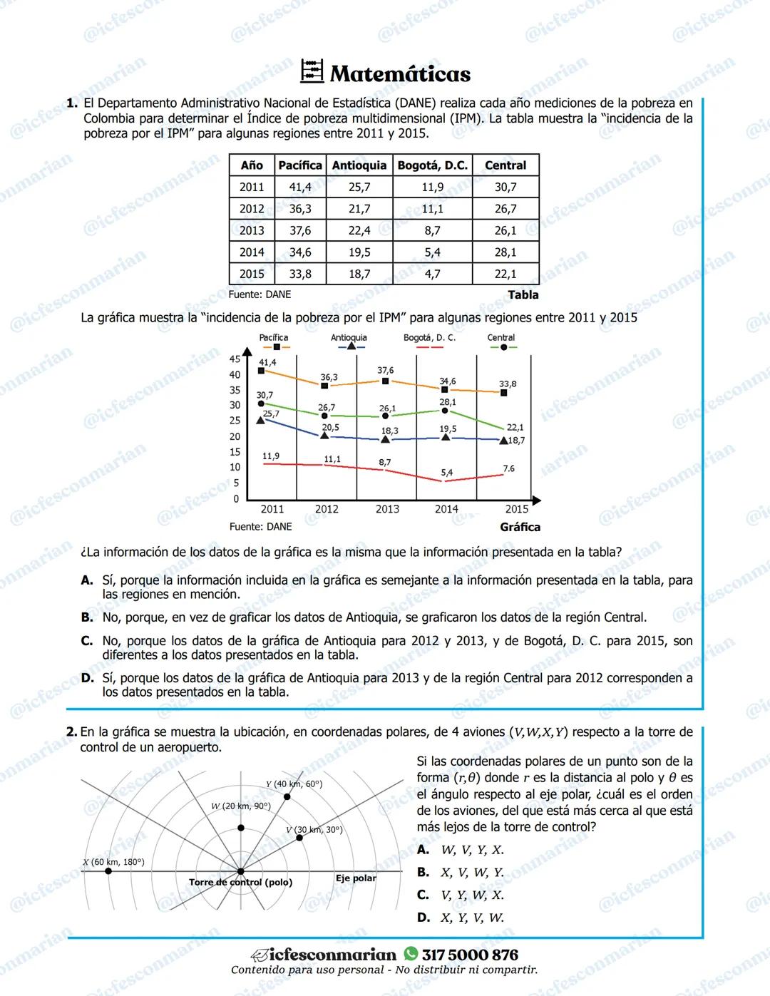 # Matemáticas
1. El Departamento Administrativo Nacional de Estadística (DANE) realiza cada año mediciones de la pobreza en Colombia para d