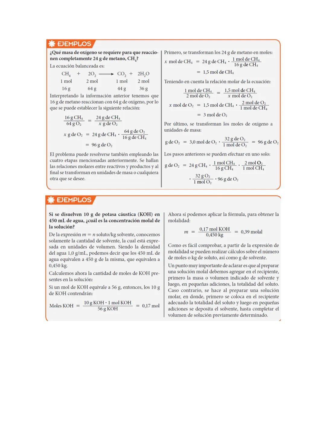 * EJEMPLOS
¿Qué masa de oxígeno se requiere para que reaccio- Primero, se transforman los 24 g de metano en moles:
nen completamente 24 g de