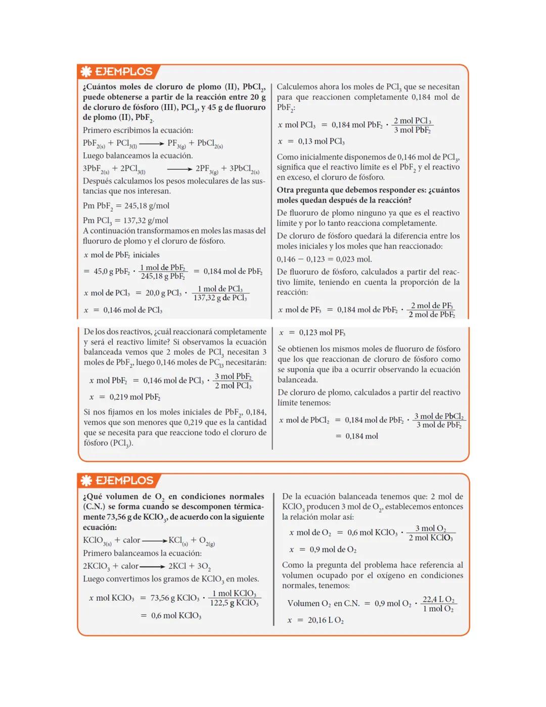 * EJEMPLOS
¿Qué masa de oxígeno se requiere para que reaccio- Primero, se transforman los 24 g de metano en moles:
nen completamente 24 g de