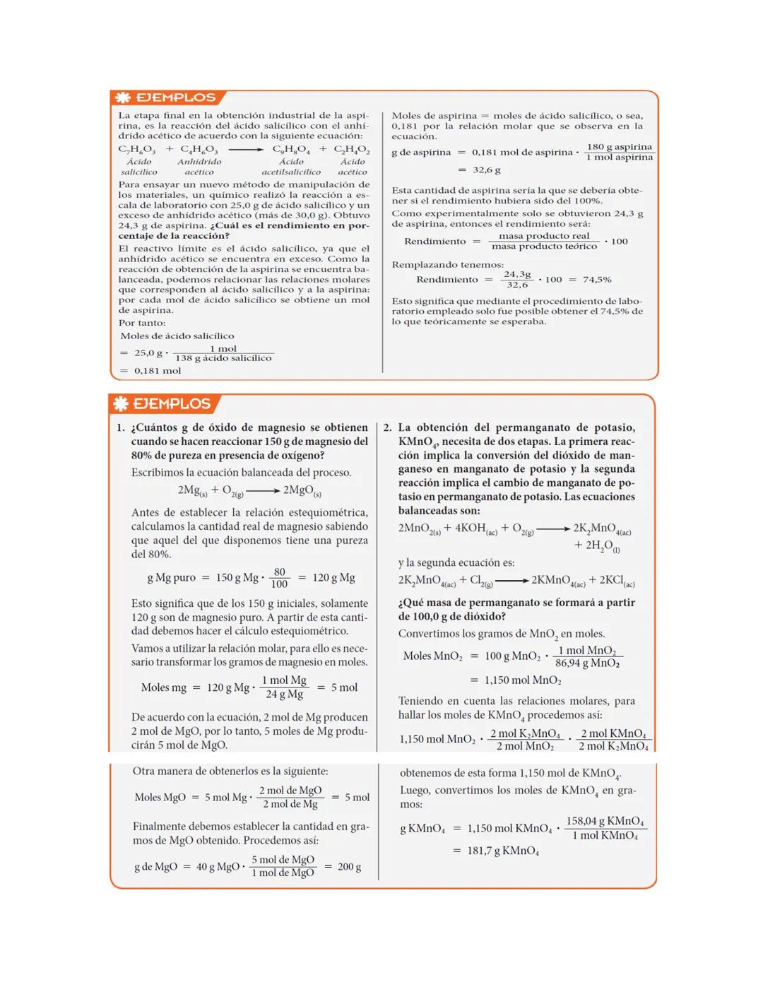 * EJEMPLOS
¿Qué masa de oxígeno se requiere para que reaccio- Primero, se transforman los 24 g de metano en moles:
nen completamente 24 g de