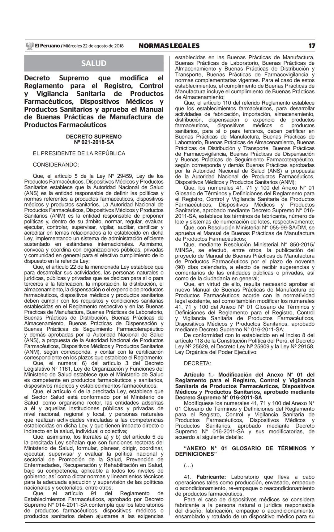 El Peruano/Miércoles 22 de agosto de 2018
SALUD
NORMAS LEGALES
Decreto Supremo que modifica el
Reglamento para el Registro, Control
y Vigila