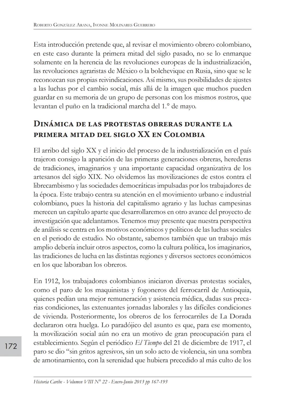 Movimiento obrero y protesta
social en Colombia. 1920-1950*
ROBERTO GONZÁLEZ ARANA
Profesor del Departamento de Historia y Ciencias Sociales