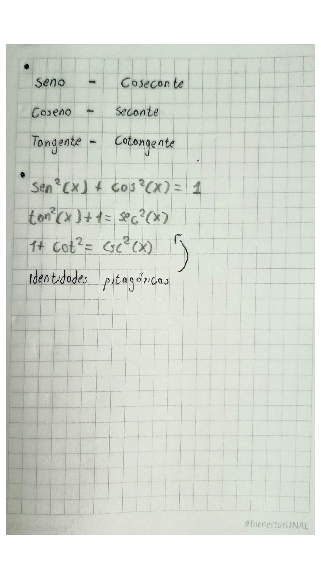 Bienestar UN
Datos importantes
• Relación
Sen = C.O
• Angulos Notables
h
0° 30° 45° 60° 90°
Cos = C.a
Sen 0  1  √2  √3  1
2  2  2
h
tan = se