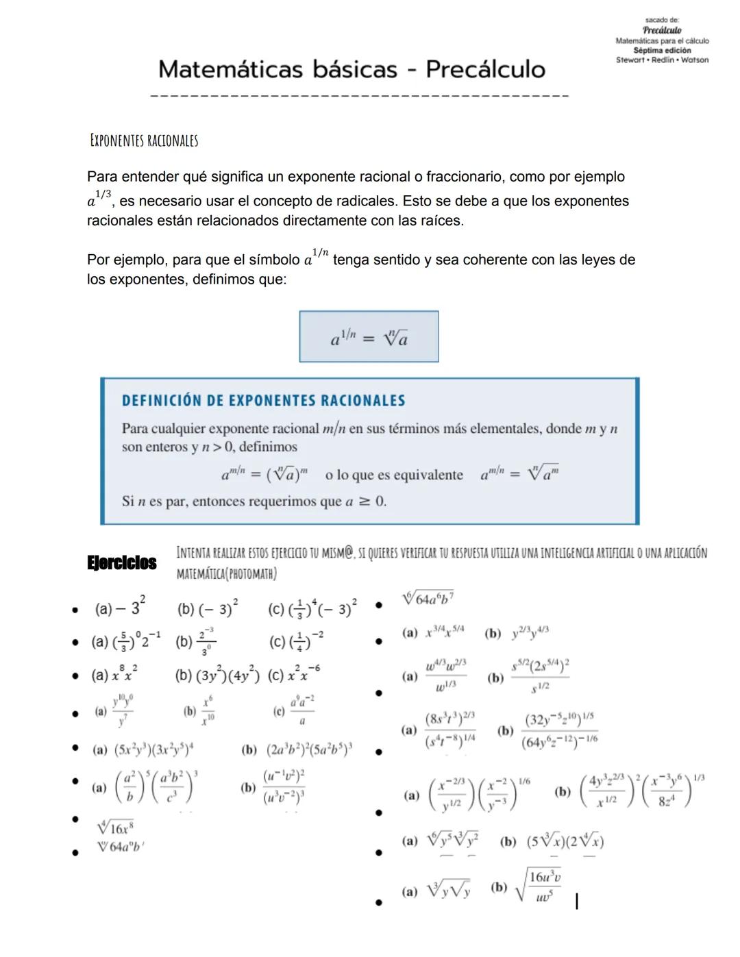 Matemáticas básicas - Precálculo
sacado de
Precálculo
Matemáticas para el cálculo
Séptima edición
Stewart • Redlin • Watson
leyes de exponen