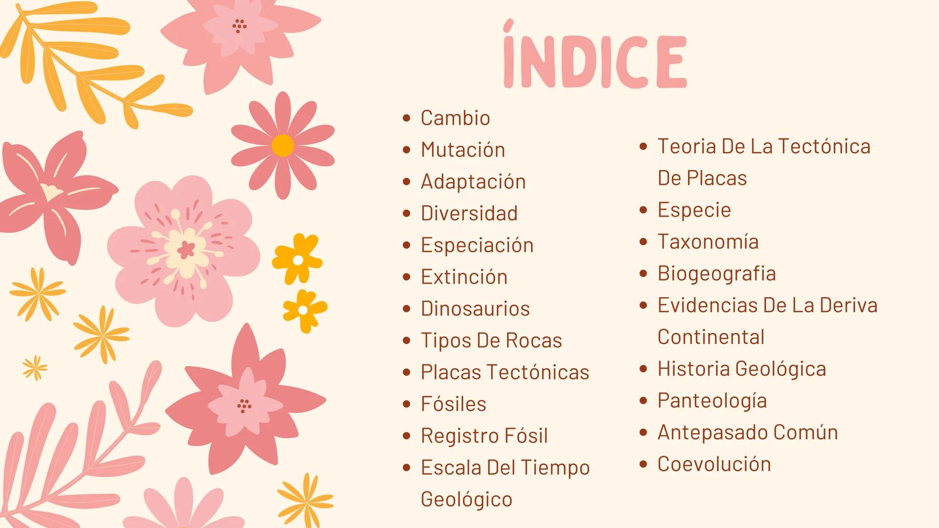 # ERAS
GEOLOGICAS
LIA MORENO Y ANA BUITRAGO 902 • Cambio
• Mutación
ÍNDICE
• Adaptación
• Diversidad
• Especiación
• Extinción
• Dinosauri