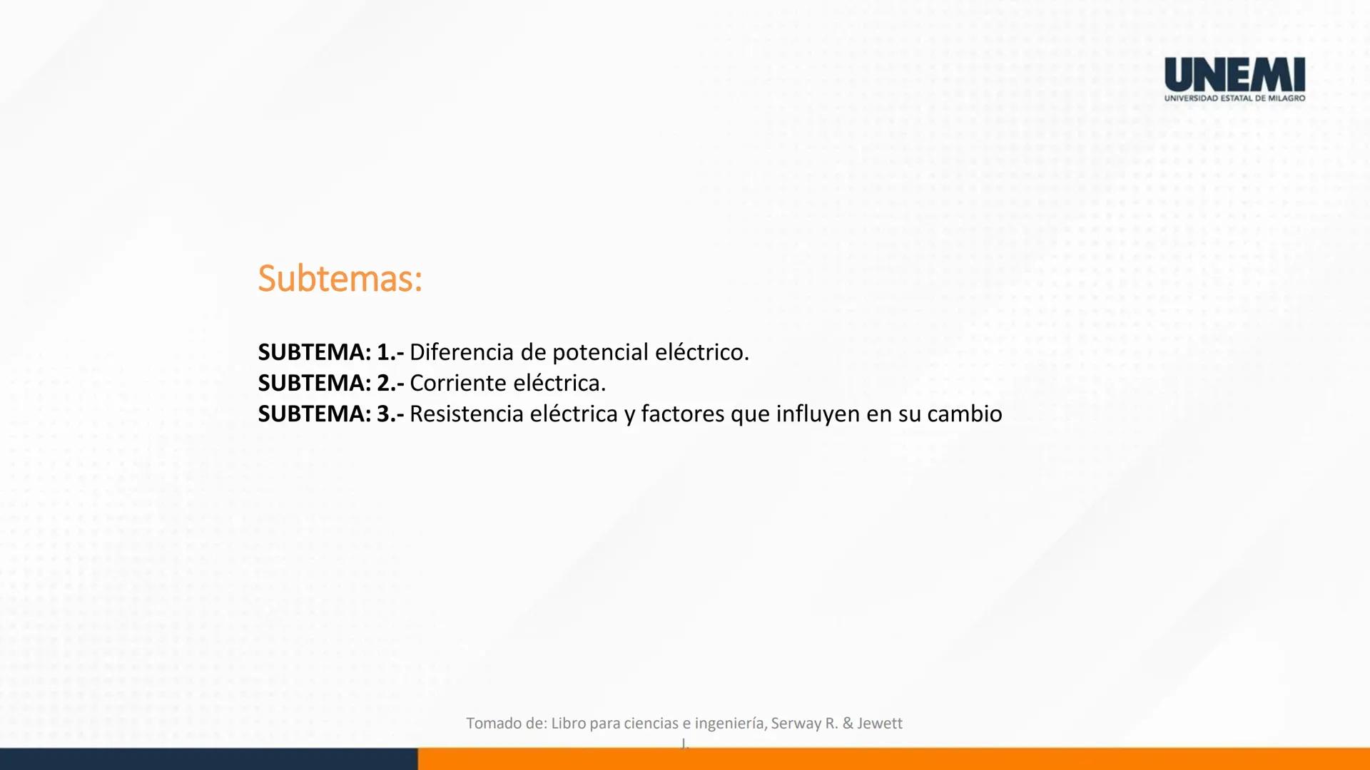 # UNEMI
UNIVERSIDAD ESTATAL DE MILAGRO
FISICA
INGENIERÍA INDUSTRIAL - PRESENCIAL
UNIDAD 4
ELECTRICIDAD
TEMA 3
CONCEPTOS BÁSICOS DE ELEC