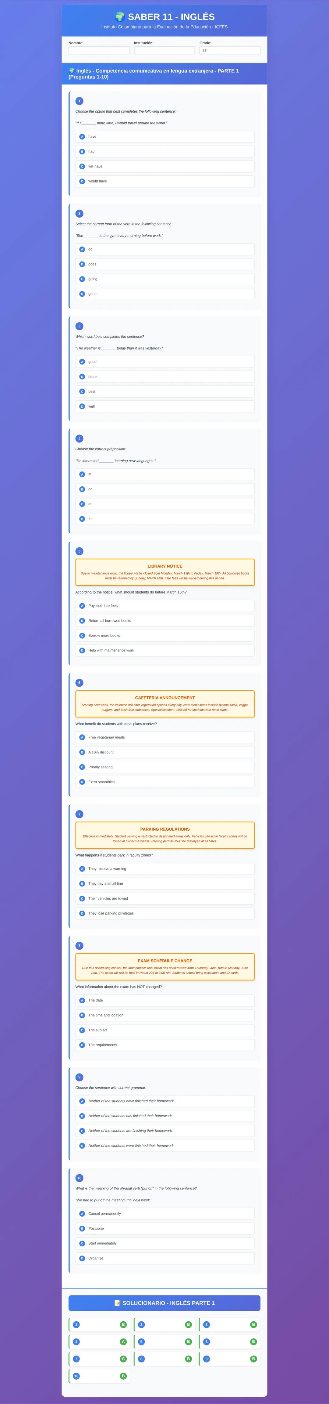 Simulacro ICFES: Inglés Parte 1