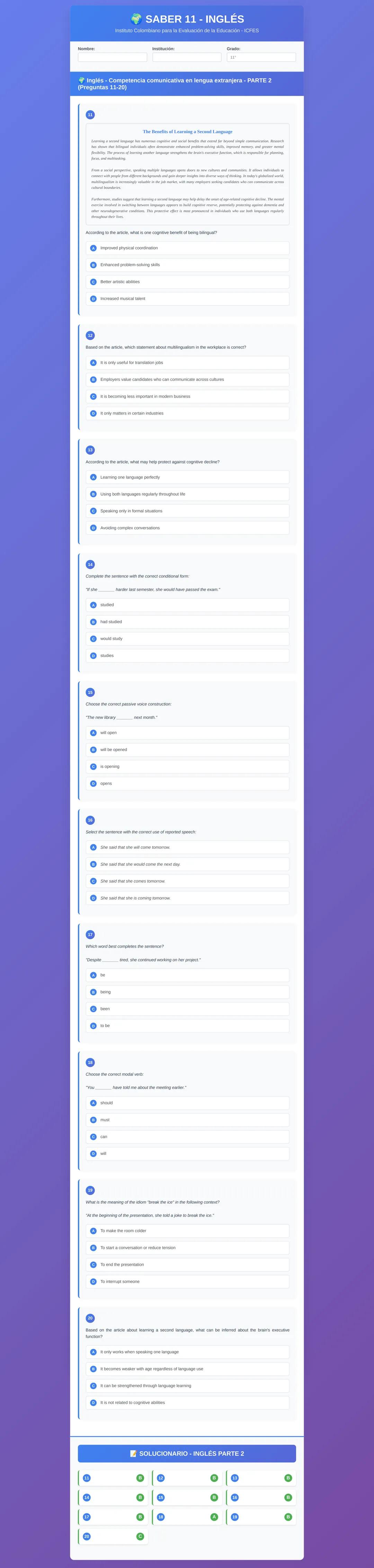 Simulacro ICFES: Inglés Parte 2