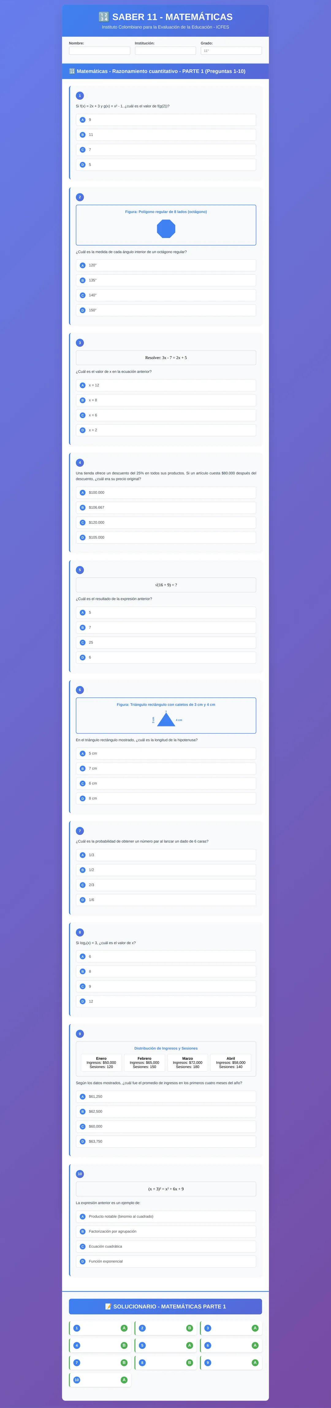 # SABER 11 - MATEMÁTICAS
## Matemáticas | Razonamiento cuantitativo | PARTE 2 | Preguntas 1-10
1. Si $a * b = a + b - ab$, ¿cuál es el val