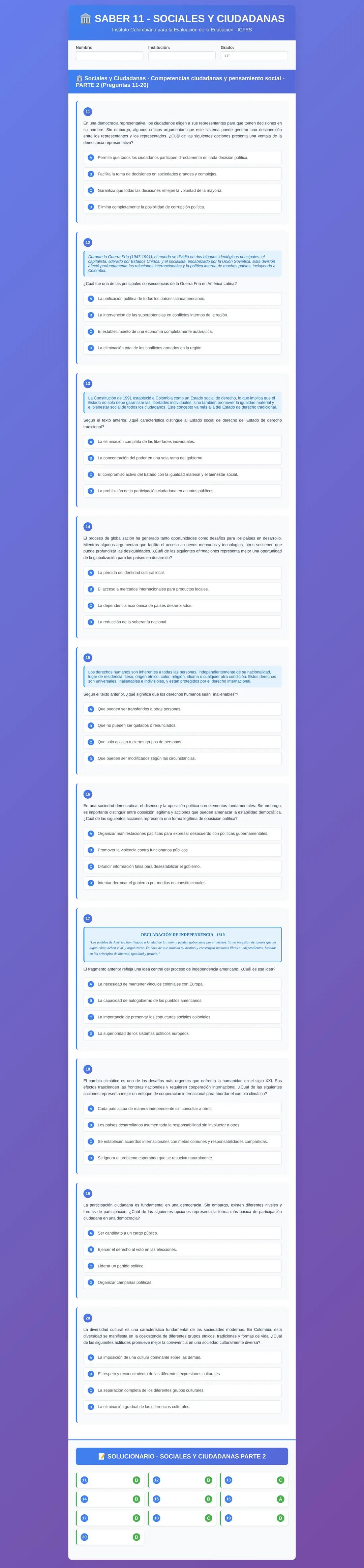 # SABER 11 - SOCIALES Y CIUDADANAS
## Sociales y Ciudadanas | Comprensión Lectora y pensamiento social |
PARTE 1 | PRUEBA (23-05)
1. En un