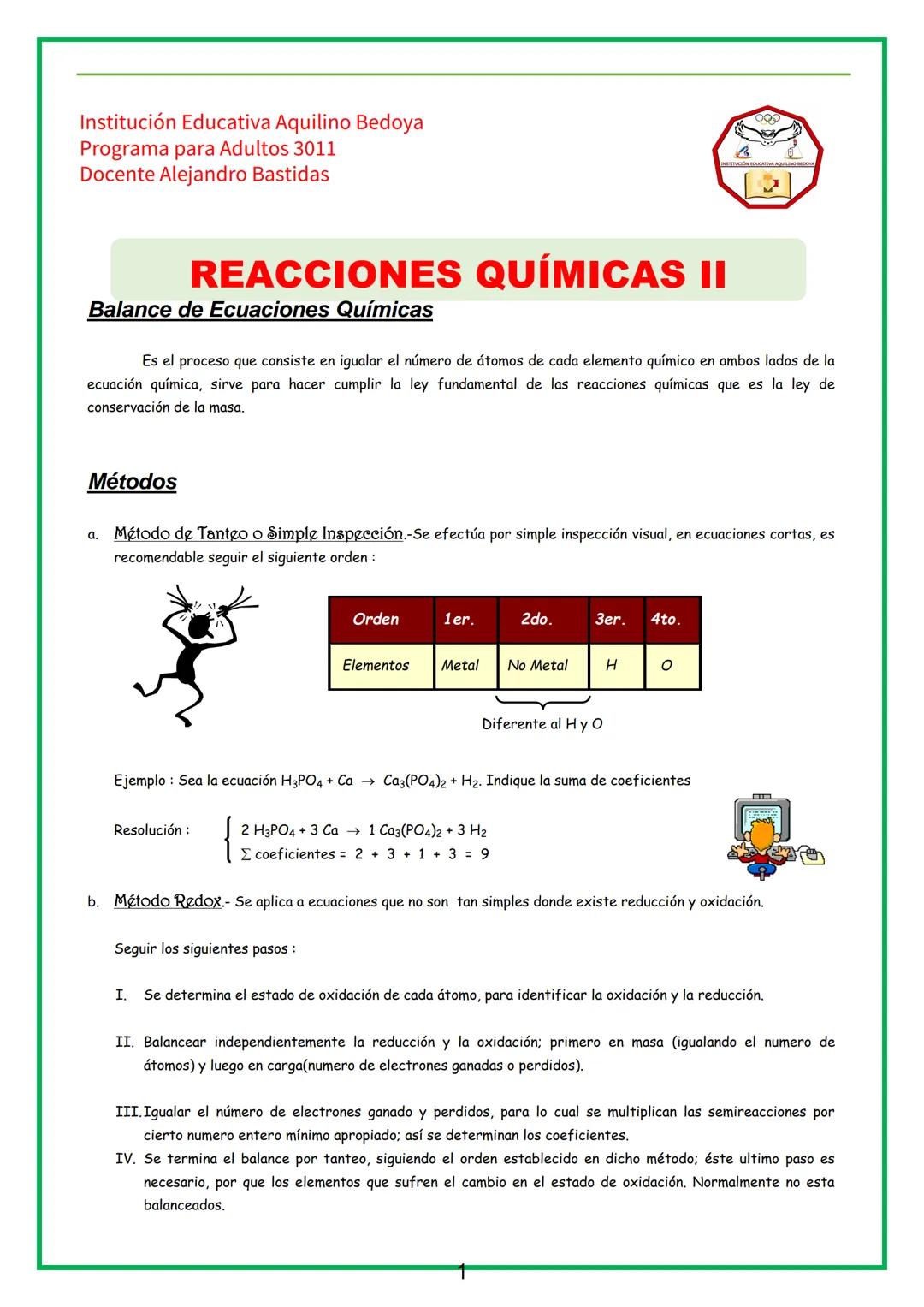 Institución Educativa Aquilino Bedoya
Programa para Adultos 3011
Docente Alejandro Bastidas
REACCIONES QUÍMICAS II
Balance de Ecuaciones Quí