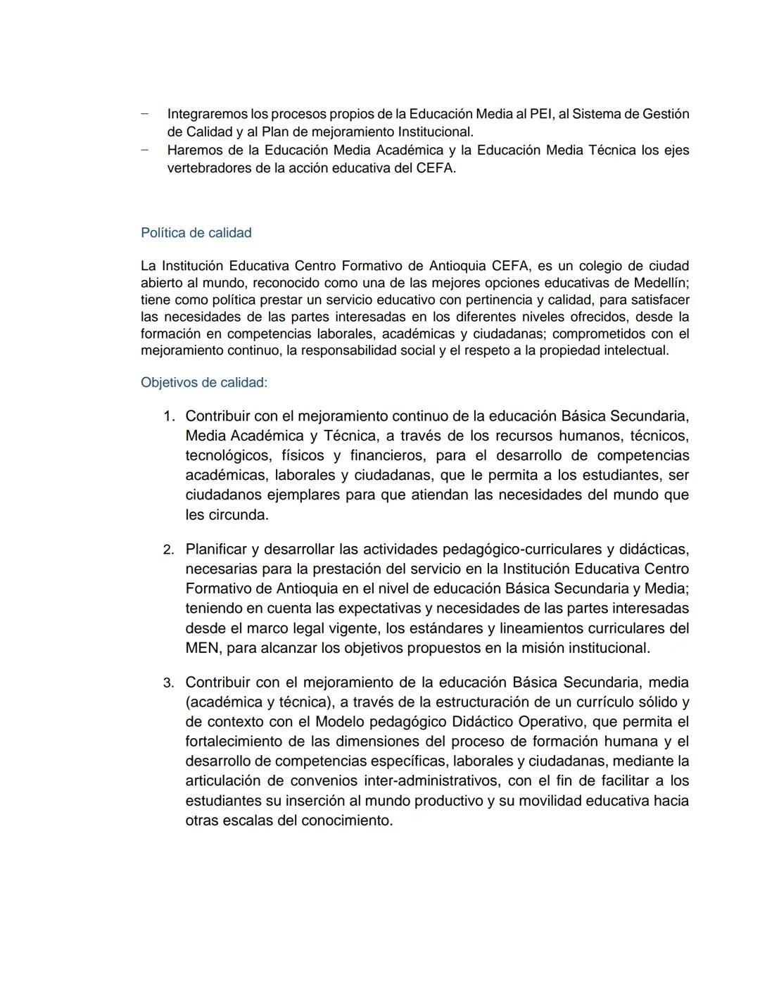 PEI
(PROYECTO EDUCATIVO INSTITUCIONAL)
LUCEAT
CEFA
LUX
VESTRA
INSTITUCIÓN EDUCATIVA CENTRO FORMATIVO DE ANTIOQUIA
CEFA
UN COLEGIO DE CIUDAD