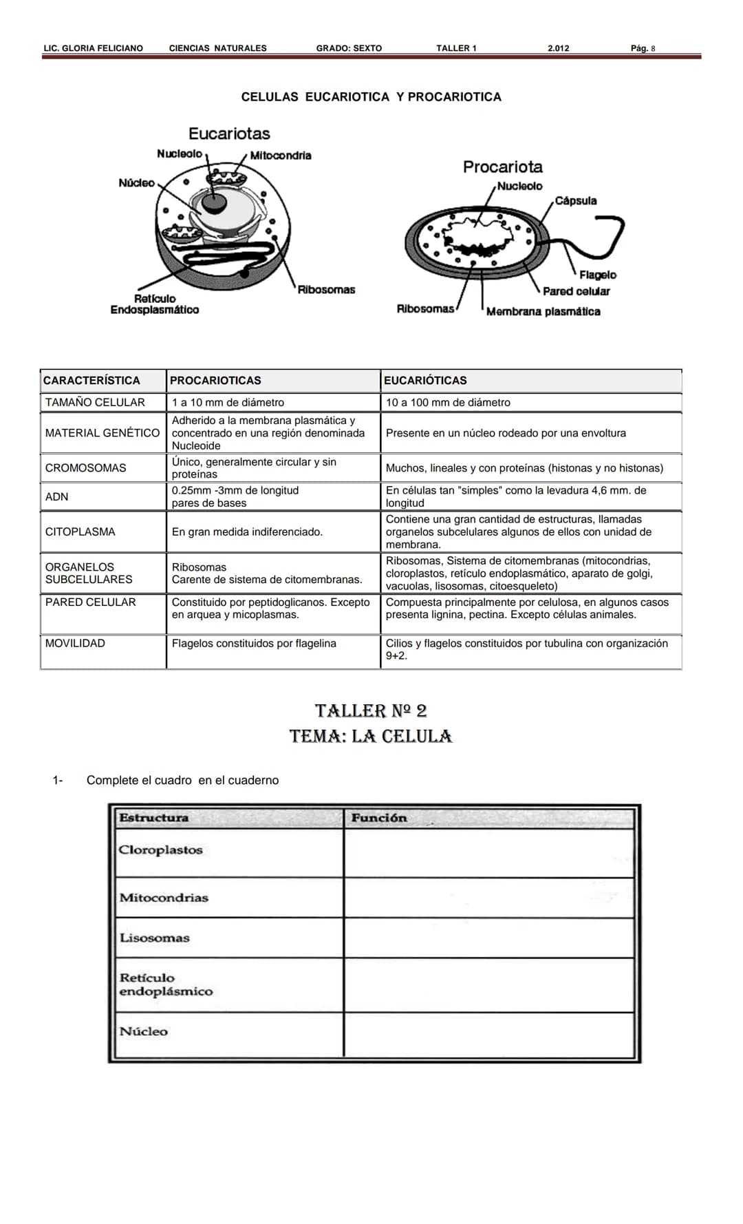LIC. GLORIA FELICIANO CIENCIAS NATURALES
GRADO: SEXTO
TALLER 1
2.012
Pág. 8
CELULAS EUCARIOTICA Y PROCARIOTICA
Eucariotas
Nucleolo
Núcleo
Mi