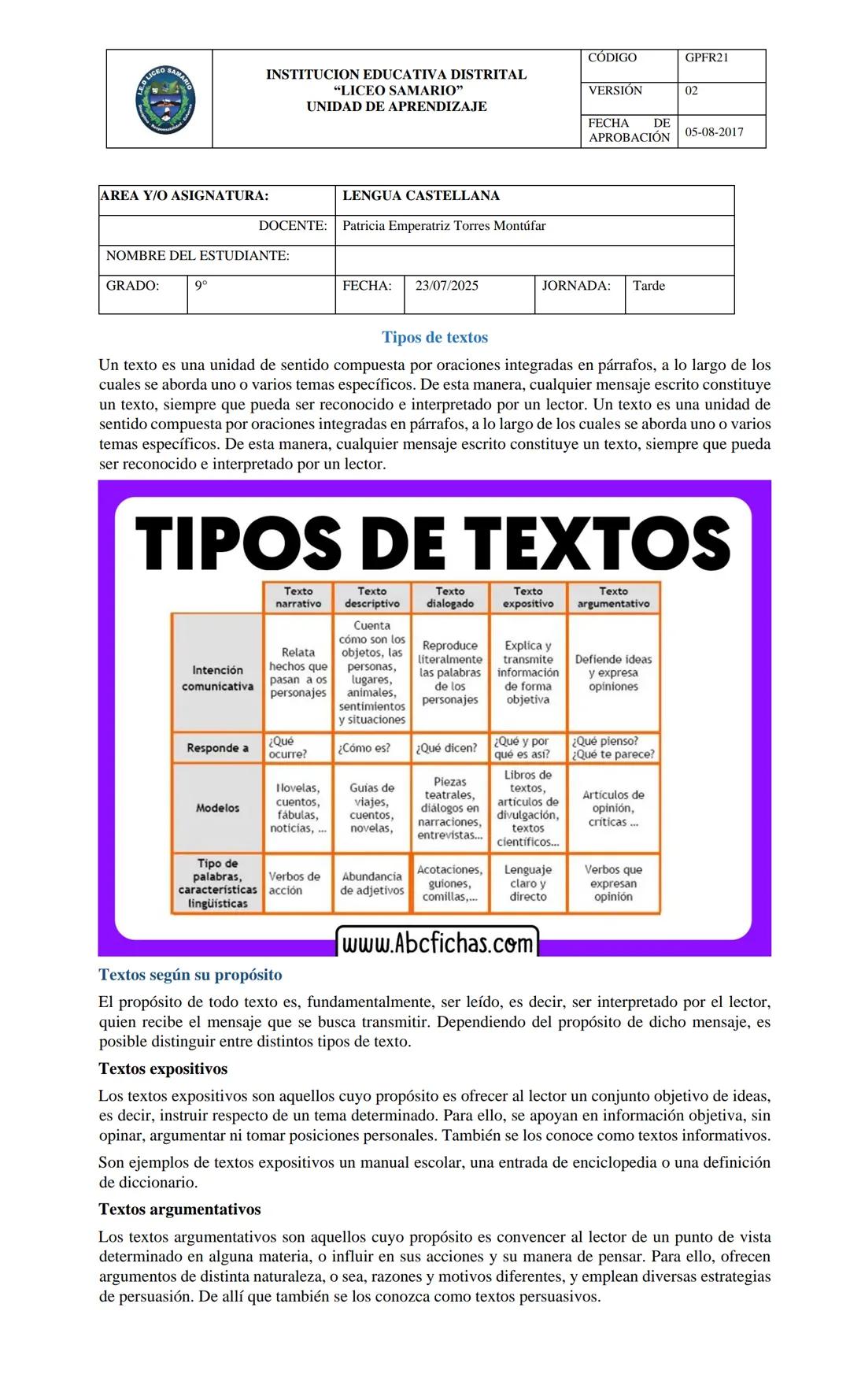 AREA Y/O ASIGNATURA:
INSTITUCION EDUCATIVA DISTRITAL
"LICEO SAMARIO"
UNIDAD DE APRENDIZAJE
LENGUA CASTELLANA
DOCENTE: Patricia Emperatriz To