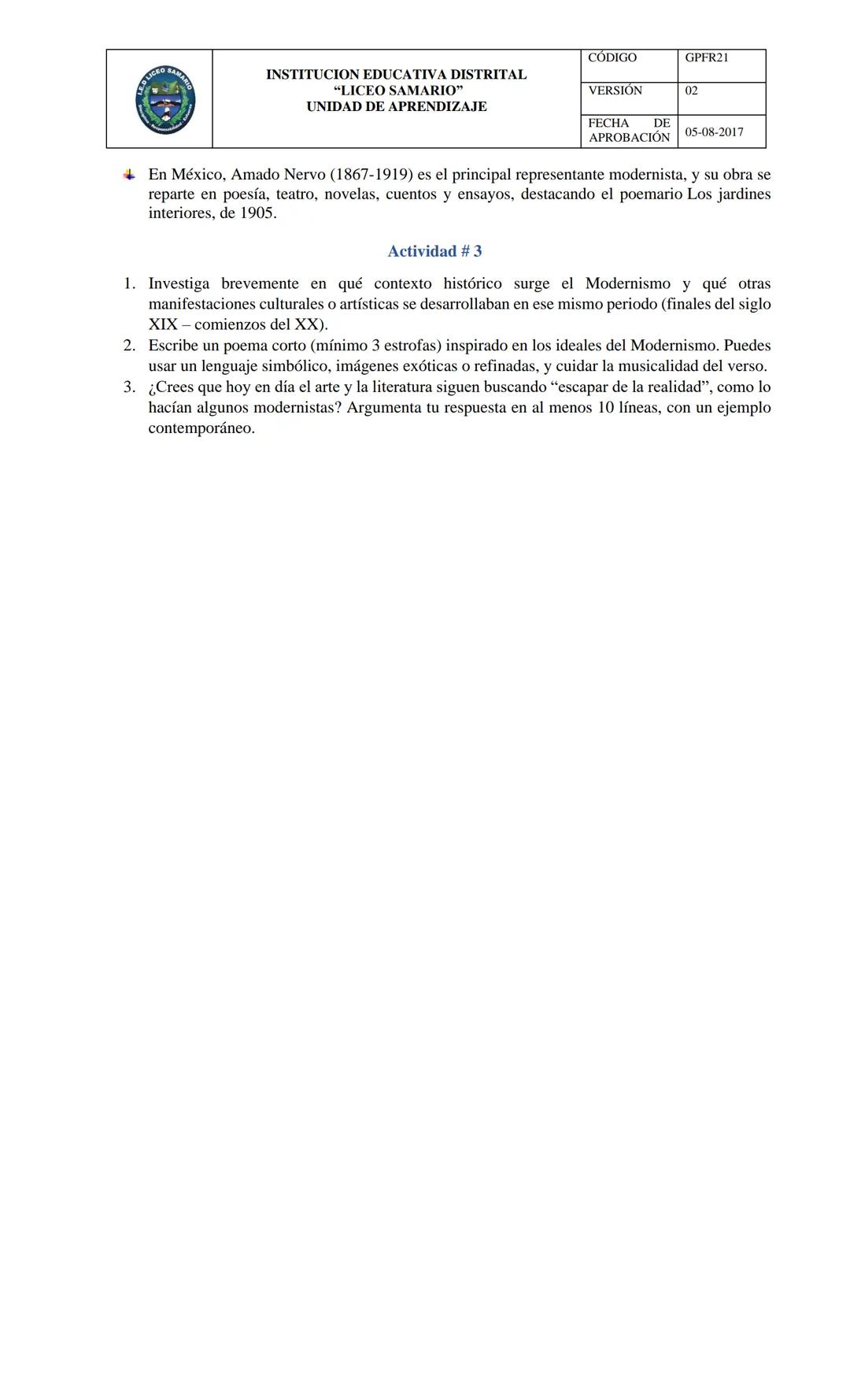 AREA Y/O ASIGNATURA:
INSTITUCION EDUCATIVA DISTRITAL
"LICEO SAMARIO"
UNIDAD DE APRENDIZAJE
LENGUA CASTELLANA
DOCENTE: Patricia Emperatriz To
