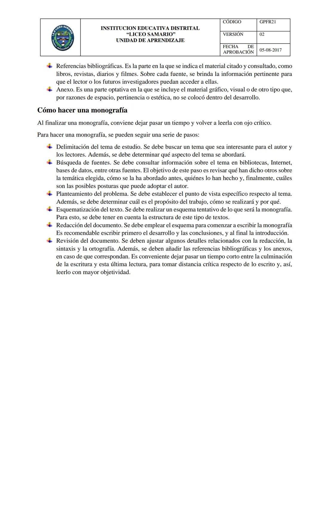 AREA Y/O ASIGNATURA:
INSTITUCION EDUCATIVA DISTRITAL
"LICEO SAMARIO"
UNIDAD DE APRENDIZAJE
LENGUA CASTELLANA
DOCENTE: Patricia Emperatriz To
