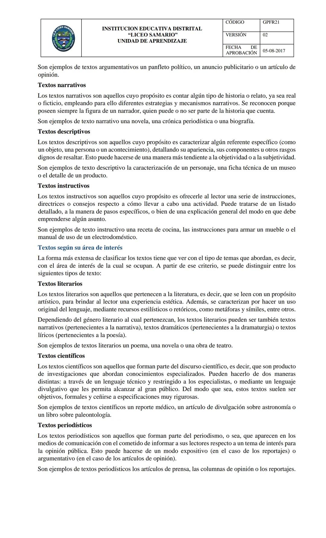 AREA Y/O ASIGNATURA:
INSTITUCION EDUCATIVA DISTRITAL
"LICEO SAMARIO"
UNIDAD DE APRENDIZAJE
LENGUA CASTELLANA
DOCENTE: Patricia Emperatriz To