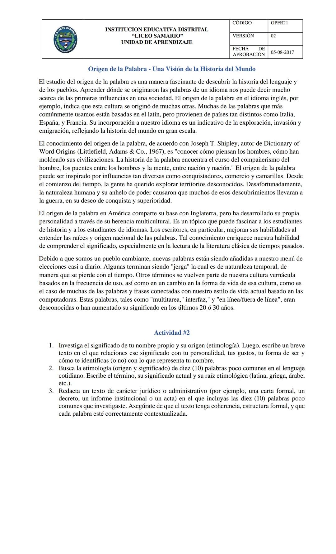 AREA Y/O ASIGNATURA:
INSTITUCION EDUCATIVA DISTRITAL
"LICEO SAMARIO"
UNIDAD DE APRENDIZAJE
LENGUA CASTELLANA
DOCENTE: Patricia Emperatriz To