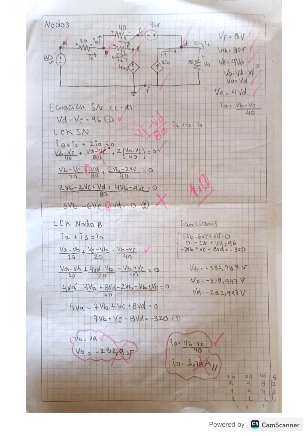 PARCIAL II CORTE
1) Hallar Vo e Io usando analisis de nodos y mallas
• Mallas
+ Vo: 80I2
40Ω
96v
W
W
20Ω
80 v
10Ω
In
4Ω
6Ω
io
Ecuación SM
LV